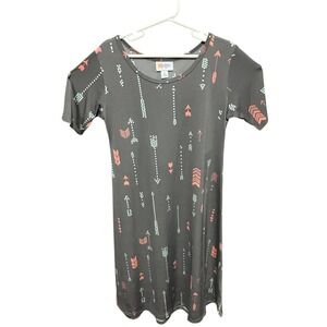 LuLaRoe Girls Scarlett Dress Size 12 Gray Arrow Print Short Sleeve High Low
